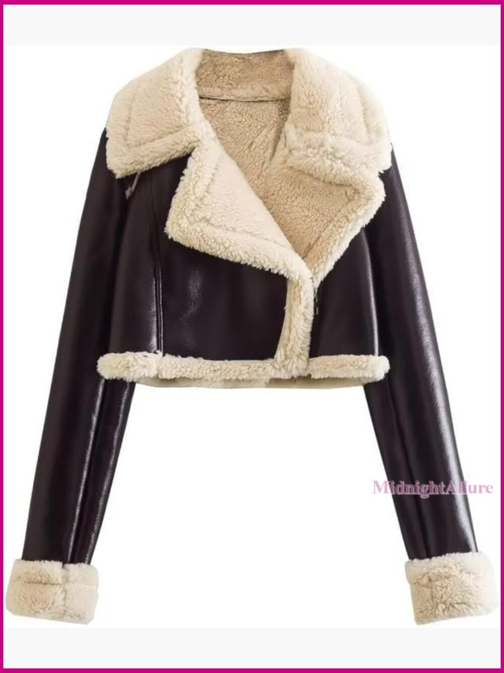 Faux Leather Moto Jacket Sherpa Lined Cropped Winter Coat Zipper Pockets